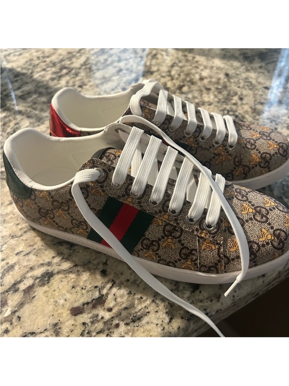 Gucci Brown Monogram Sneakers with Red & Green Web Stripe